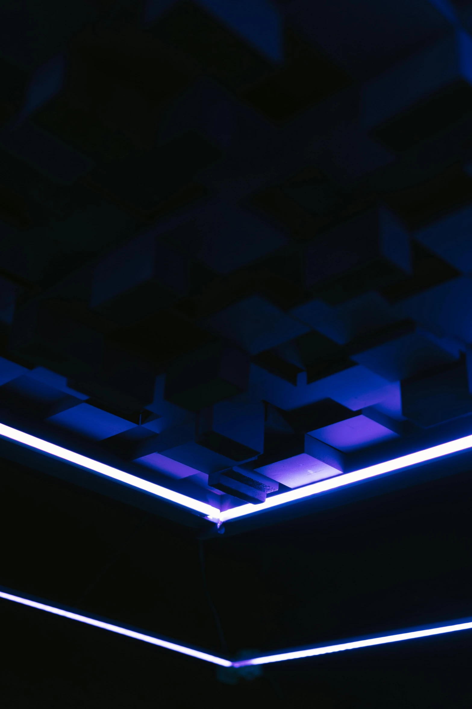 a dark room with blue lights on the ceiling, an album cover, unsplash contest winner, random volumetric lighting, blue and purle lighting, looking around a corner, led details