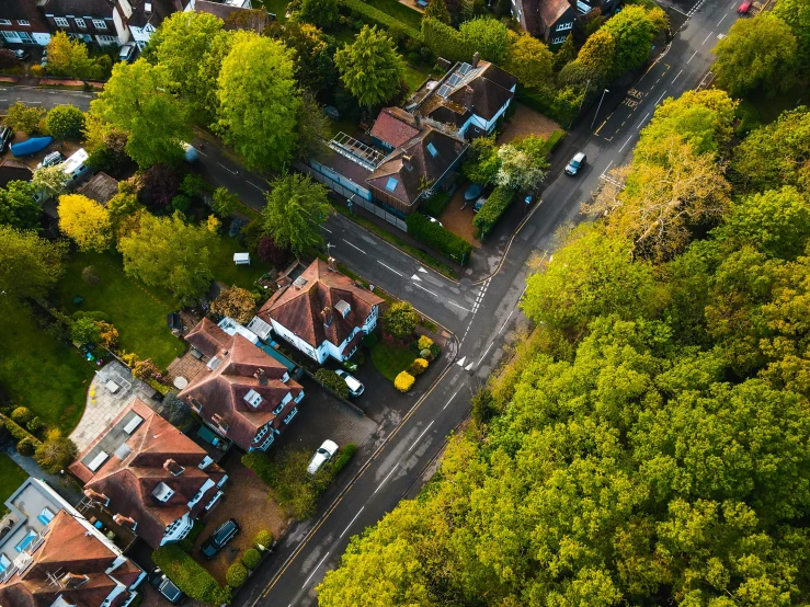 a bird's eye view of a residential area, by Julian Allen, pexels, trees outside, british street background, roofed forest, thumbnail