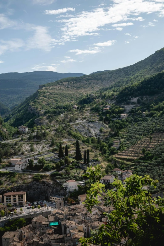 an aerial view of a village in the mountains, by Carlo Martini, trending on unsplash, les nabis, square, overgrown with lush vines, devastated, in between a gorge