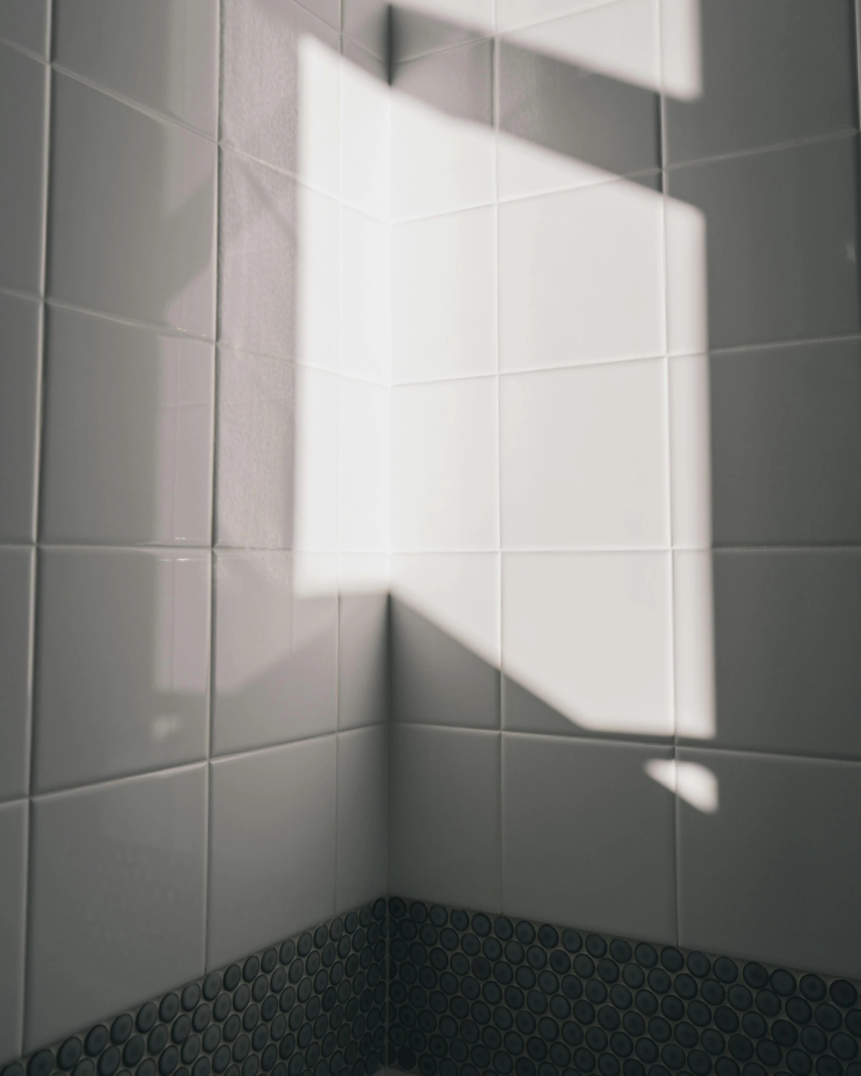 a white toilet sitting in a bathroom next to a window, inspired by Elsa Bleda, unsplash, light and space, hood and shadows covering face, tiles, shadow gradient, sun beam