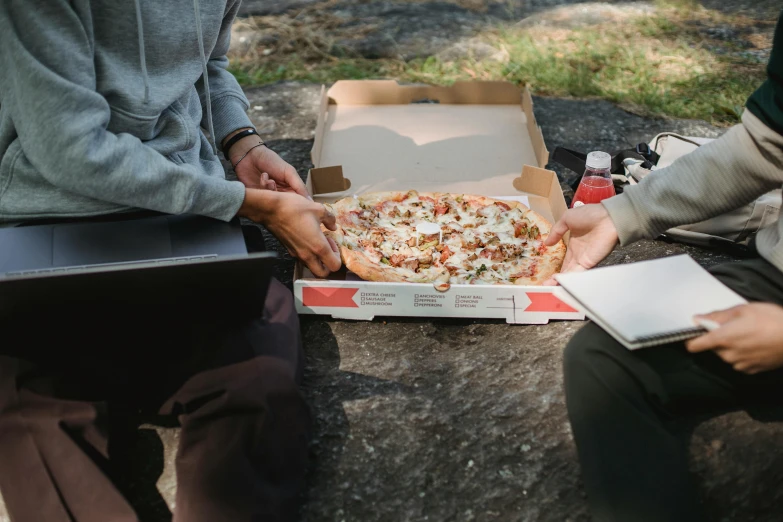 a couple of people that are sitting down with a box of pizza, by Carey Morris, pexels contest winner, nature outside, closeup at the food, flattened, everything fits on the screen