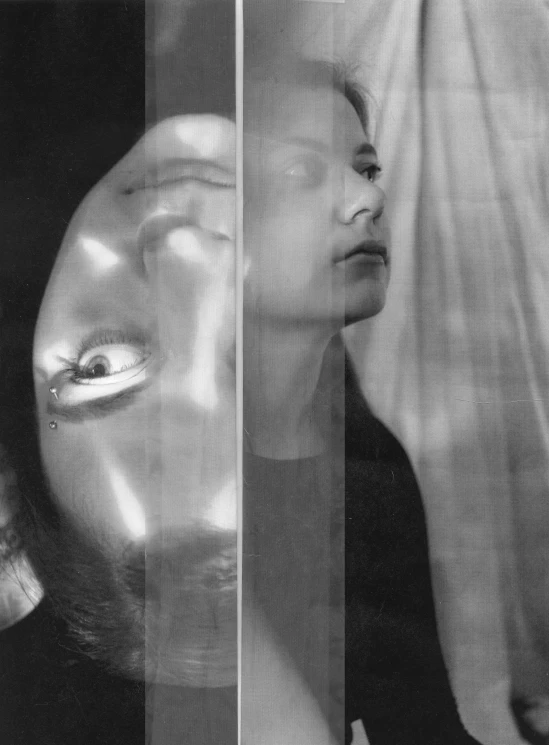 a black and white photo of a woman with a mask, a black and white photo, inspired by Anna Füssli, image split in half, saatchi art, jodie foster, refracted