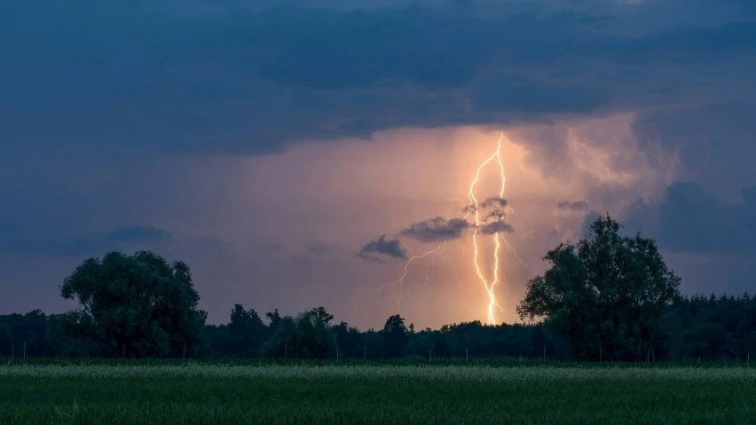 a lightning bolt in the sky over a field, pexels contest winner, renaissance, multiple stories, lightening tree, electricity archs, flood lighting