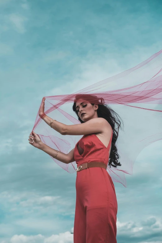 a woman in a red dress holding a pink veil, pexels contest winner, with clouds in the sky, maya ali as a wind mage, nouvelle vague style, cindy avelino