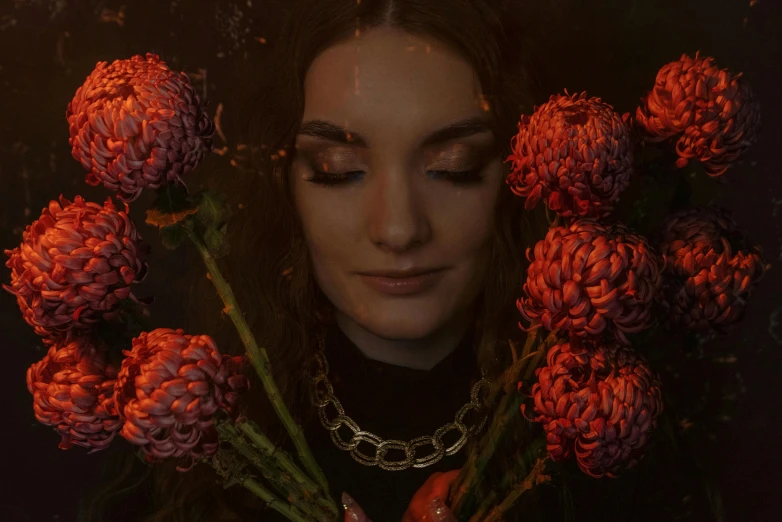 a woman holding a bunch of flowers in front of her face, an album cover, inspired by Elsa Bleda, renaissance, red glowing skin, maisie williams, shot from below, still frame from a movie