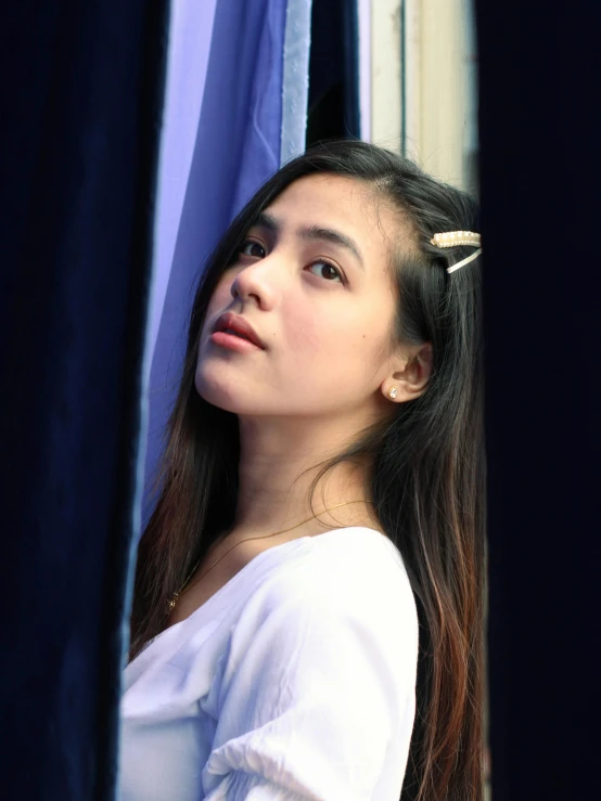 a woman is looking out of a window, inspired by Sasha Putrya, pexels contest winner, realism, cute pout, portrait of modern darna, 🤤 girl portrait, pointed ears