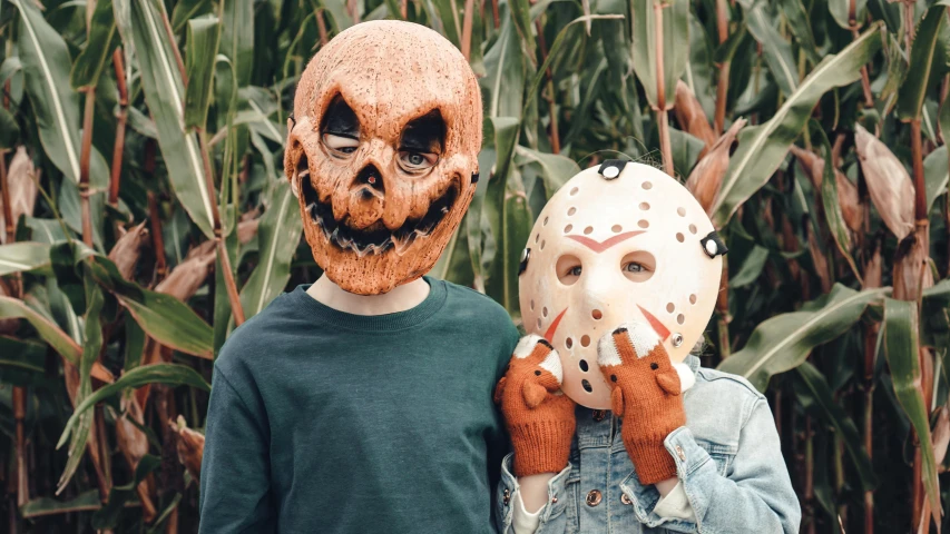 a couple of people standing next to each other in front of a corn field, a picture, by Joe Bowler, pexels, hockey mask, trick or treat, boys, avatar image