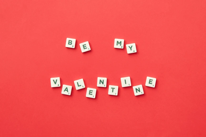 the words be my valentine written in scrabbles on a red background, by Valentine Hugo, pexels contest winner, clemens ascher, 🎀 🧟 🍓 🧚, mint, 555400831