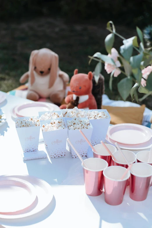 a table that has a bunch of plates and cups on it, pink bees, activity play centre, garden setting, cinematic close shot