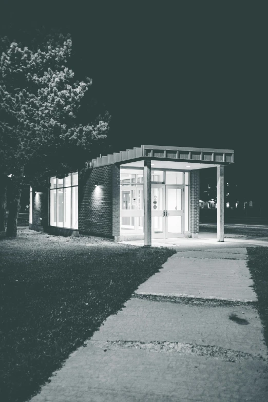 a black and white photo of a building at night, a black and white photo, unsplash, northwest school, exiting store, desaturated!!, in a suburb, high resolution photo