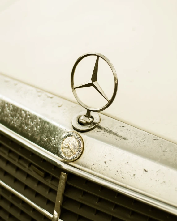 a mercedes emblem on the front of a car, an album cover, by Adam Rex, unsplash, 1981 photograph, silver，ivory, dials, enamel