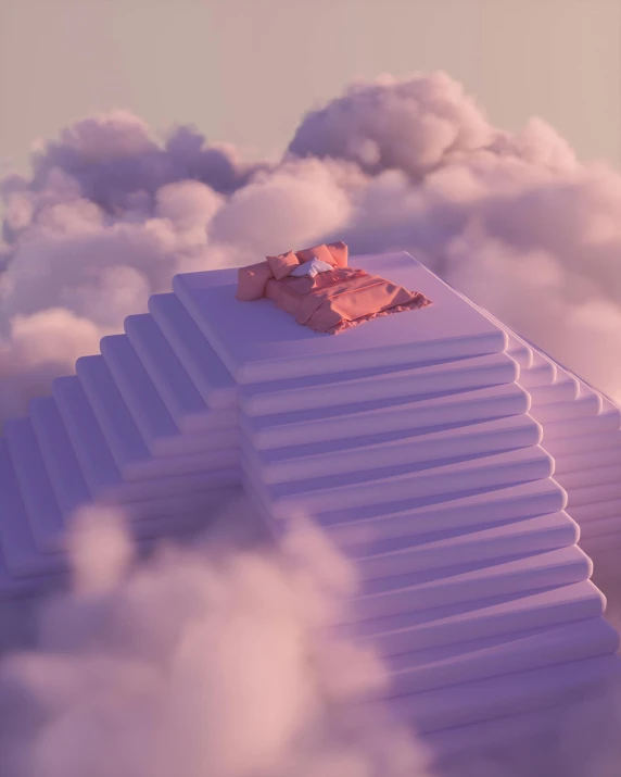 a man sitting on top of a staircase in the clouds, an album cover, by Filip Hodas, white and pink cloth, voxelart, unsplash contest winning photo, on my bed