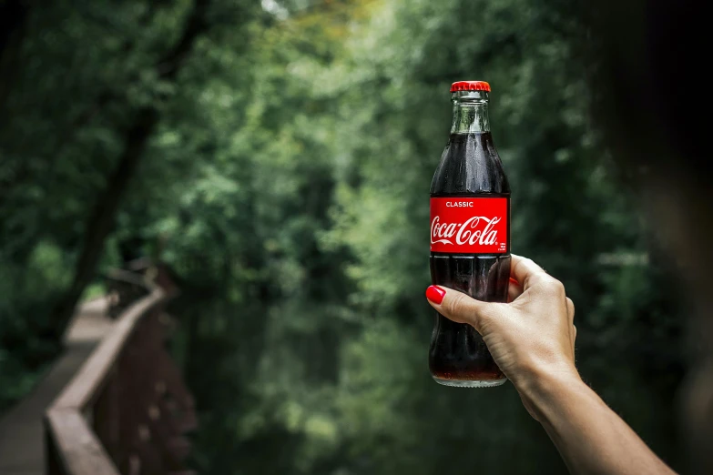 a person holding a bottle of coca cola, pexels contest winner, lush surroundings, 🦩🪐🐞👩🏻🦳, unusually unique beauty, red on black