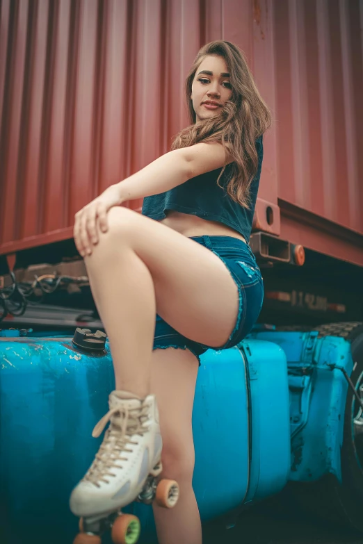 a woman sitting on top of a blue suitcase, bra and shorts streetwear, 2263539546], dilraba dilmurat, trending on imagestation