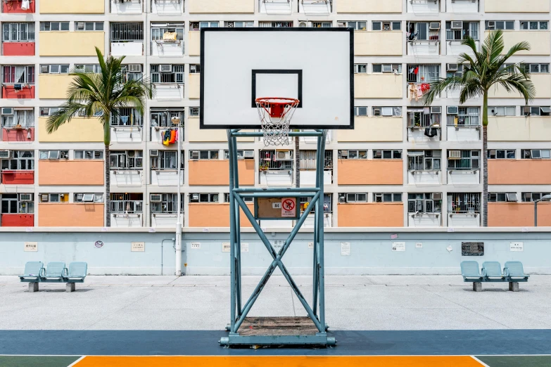 a basketball court with a basketball hoop in front of a building, inspired by Zhang Kechun, unsplash contest winner, hyperrealism, hong kong, le corbusier, holding court, 🚿🗝📝