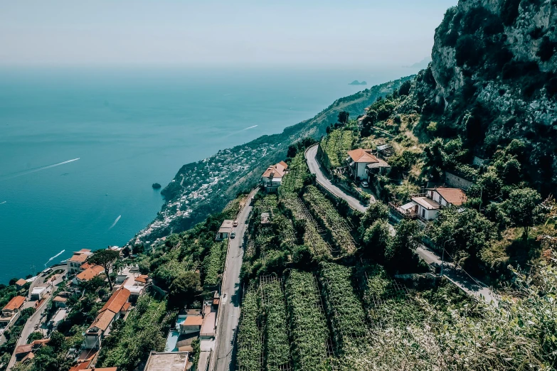 a road going up the side of a mountain next to a body of water, pexels contest winner, renaissance, wine, gulf of naples, rows of lush crops, overlooking the ocean