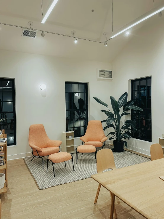 a living room filled with furniture and a wooden table, by Carey Morris, unsplash, light and space, doctors office, comfy chairs, slight overcast lighting, storefront