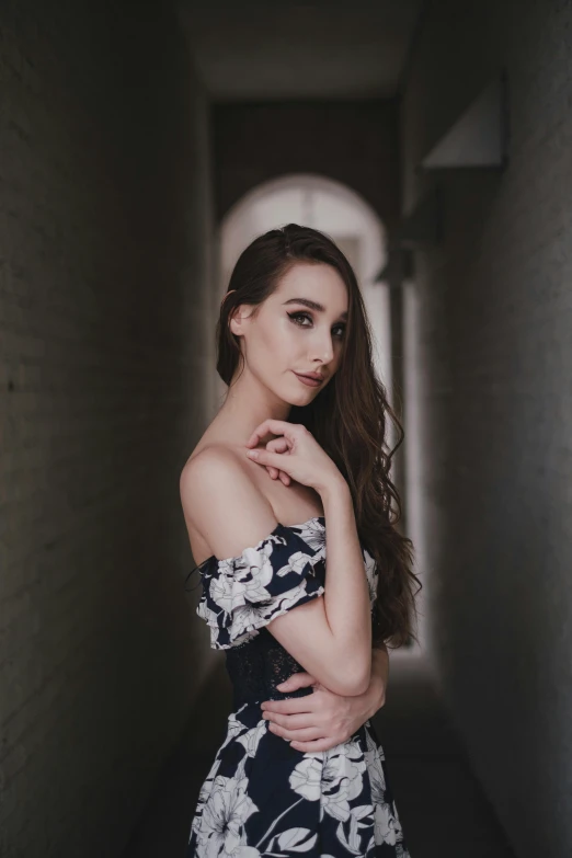 a woman in a black and white dress posing for a picture, 5 0 0 px models, pokimane, slightly pixelated, flowers in her dark hair