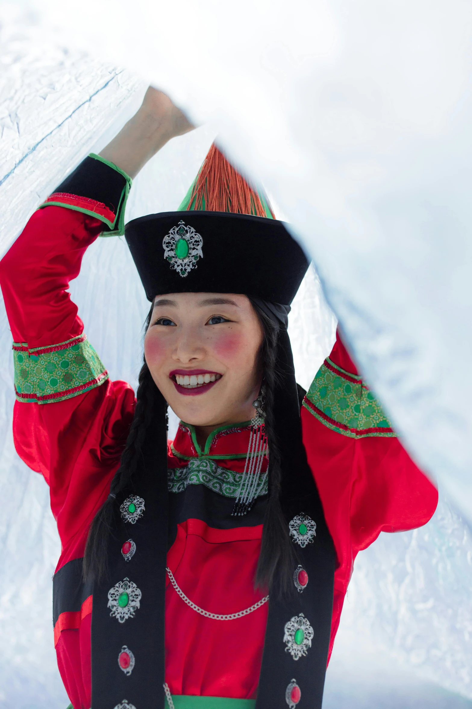 a woman holding an umbrella in the snow, an album cover, inspired by Mei Qing, trending on unsplash, cloisonnism, russian costume, square, in an igloo, full frame image