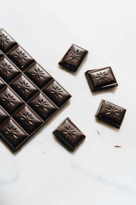 a piece of chocolate sitting on top of a table, an etching, trending on pexels, starburst, panel of black, herbs, squares