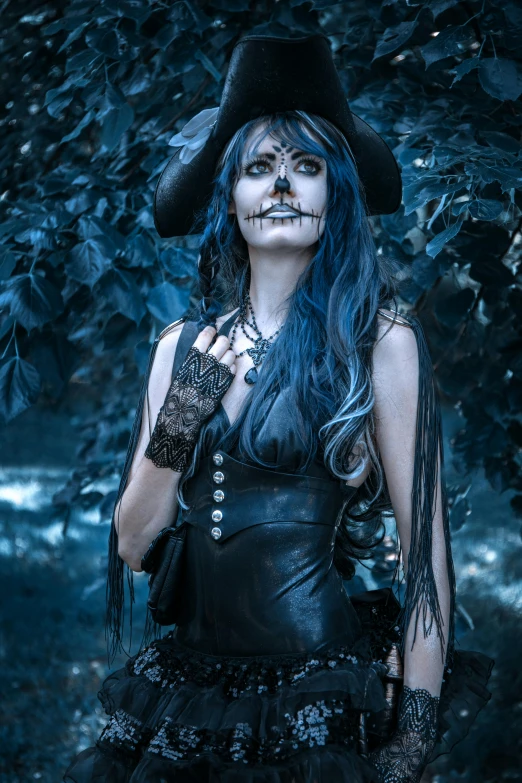 a woman with blue hair wearing a witch costume, an album cover, pexels contest winner, gothic art, skeleton pirate, leather clothing, cosplay photo, wearing black old dress and hat