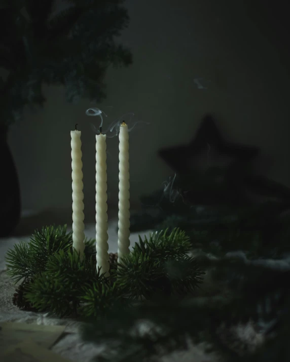 a couple of candles sitting on top of a table, spiralling bushes, ethereal white dripping tar, dark and moody lighting, intricate pasta waves