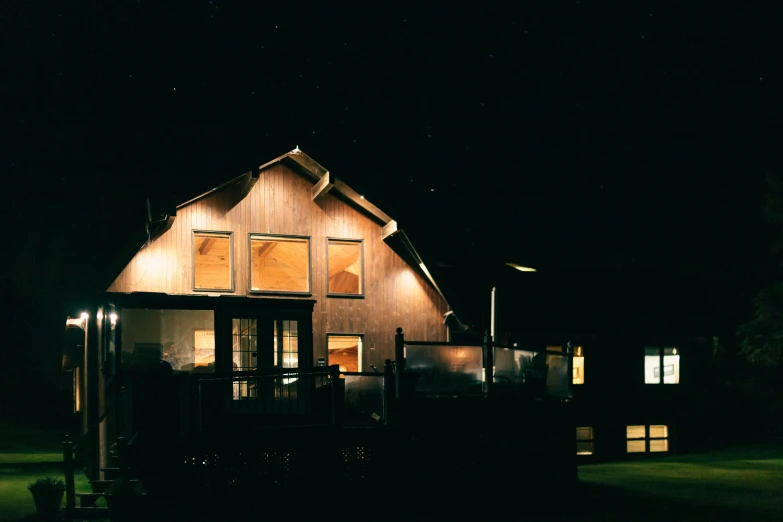 a small cabin lit up at night in the dark, light and space, barn, peaceful wooden mansion, 1990s photograph, shot on sony a 7