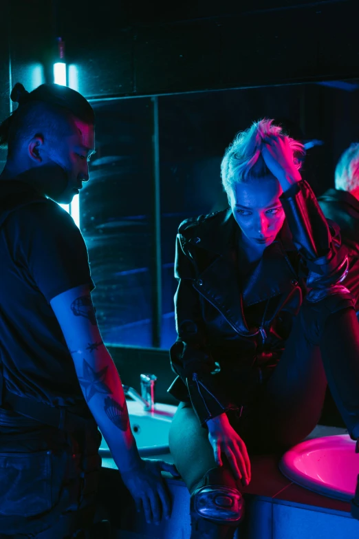 a group of people in a room with neon lights, a tattoo, action scene, bleached, behind the scenes, neon noir