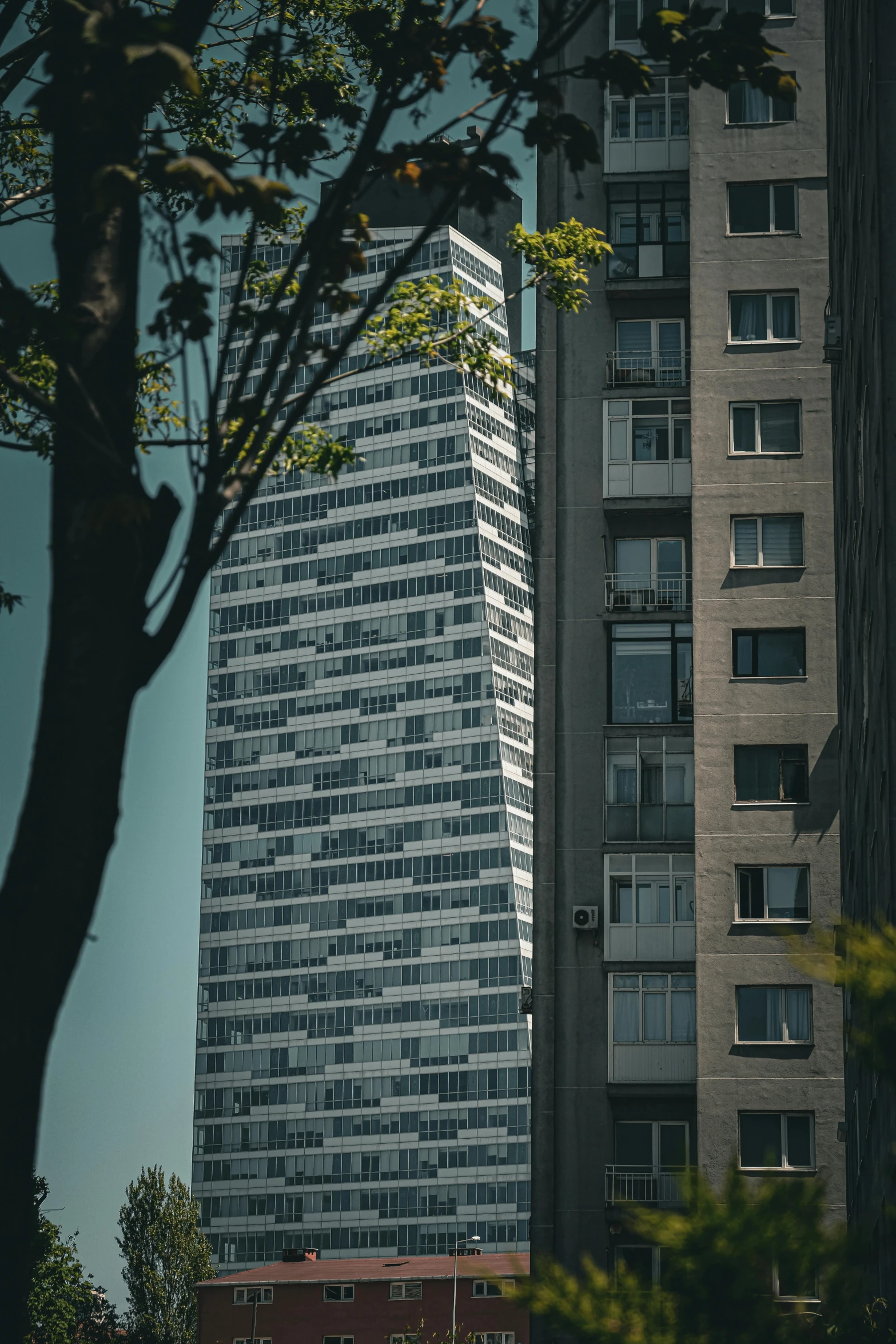 a tall building sitting in the middle of a city, on trees, shot with sony alpha 1 camera, montreal, monoliths