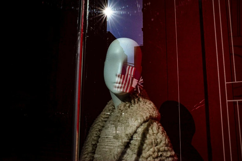 a mannequin in the window of a store, a hologram, unsplash, visual art, patriotism, red and white lighting, pillhead, fur visible