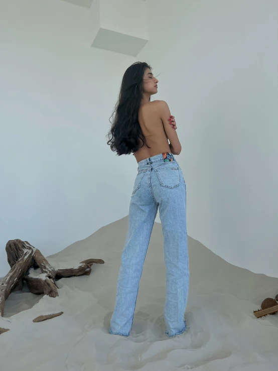 a woman that is standing in the sand, by Robbie Trevino, backshot, 🍸🍋, double denim, photoscanned