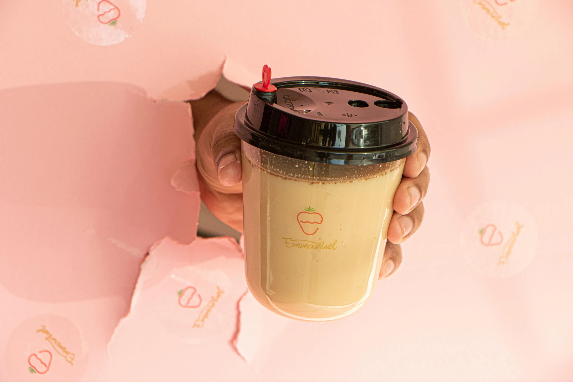 a person holding a cup of coffee in their hand, an album cover, by Julia Pishtar, trending on unsplash, colored milk tea, 🎀 🧟 🍓 🧚, brown and pink color scheme, 🍸🍋