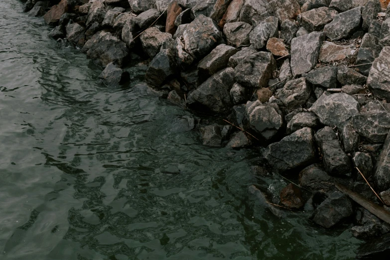 a red fire hydrant sitting on top of a rock wall next to a body of water, an album cover, inspired by Elsa Bleda, unsplash, realism, with lots of dark grey rocks, dark green water, ignant, boats in the water