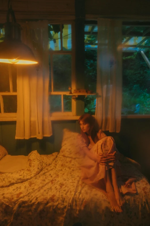 a woman sitting on top of a bed next to a window, a picture, inspired by Elsa Bleda, unsplash, magical realism, in a deep lush jungle at night, still from a music video, melanie martinez, soft lighting album cover
