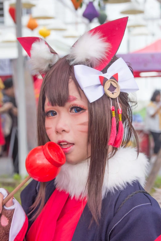 a woman in a costume eating a lollipoppoppoppoppoppoppoppoppoppoppoppoppoppoppoppoppoppoppop, pixiv, shin hanga, ahri from league of legends, festivals, 2019 trending photo, square