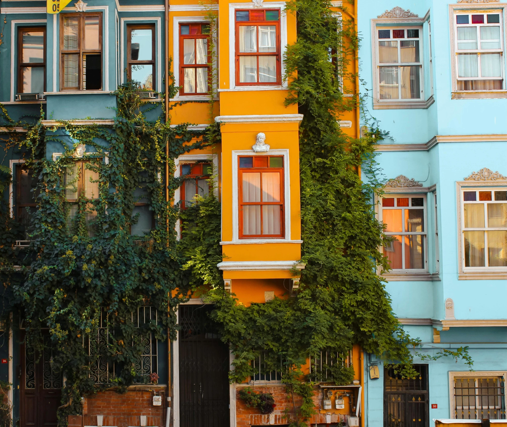 a couple of buildings that are next to each other, by irakli nadar, pexels contest winner, art nouveau, colorful vines, turkey, blueberry and orange and teal, a quaint