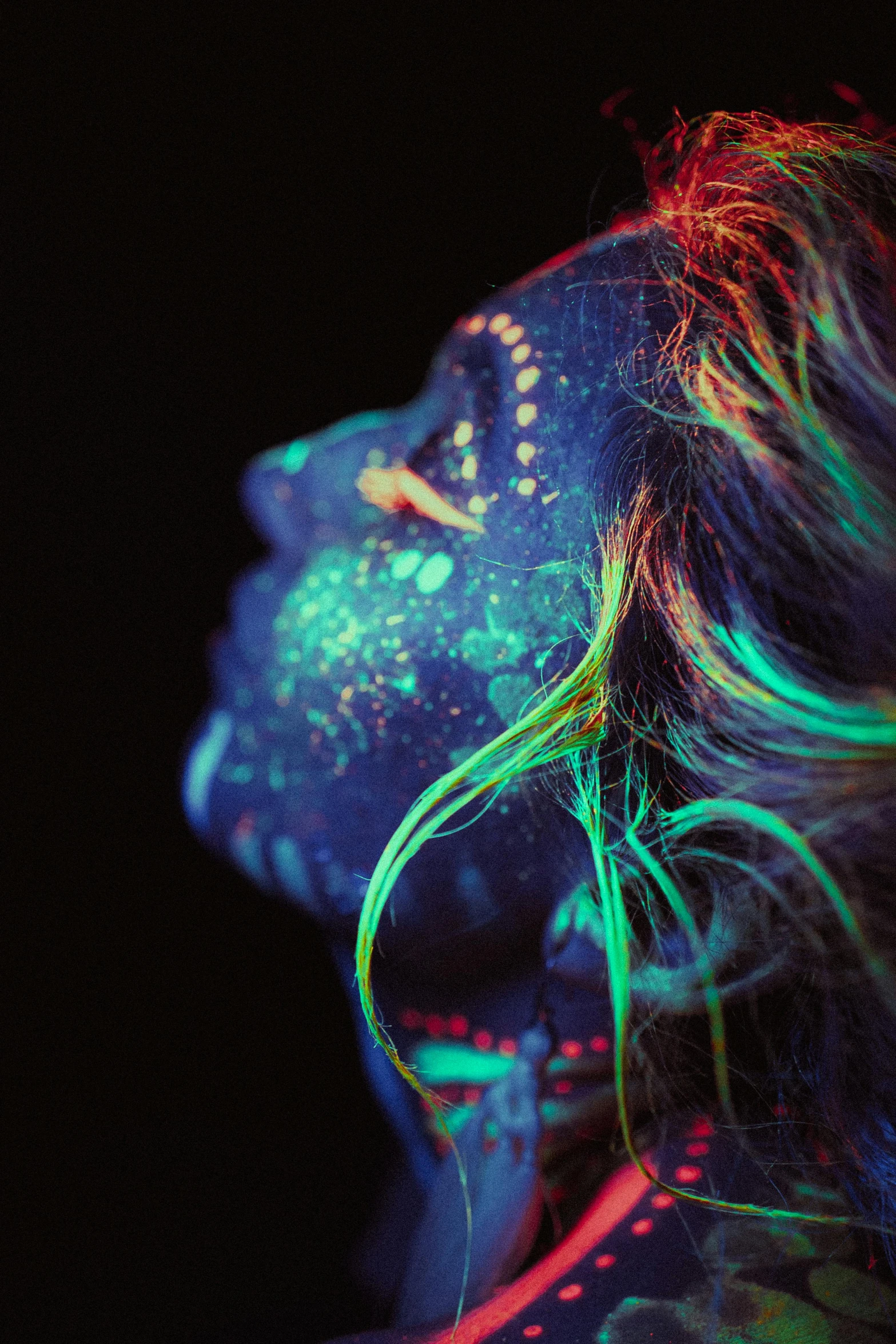 a woman with fluorescent paint on her face, an album cover, inspired by Elsa Bleda, trending on pexels, colorful]”, aliens vivid, glow wave, glowing flowing hair