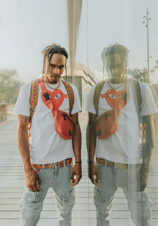a couple of men standing next to each other, an album cover, trending on pexels, visual art, wearing an orange t-shirt, with a backpack, playboi carti portrait, looking off into the distance