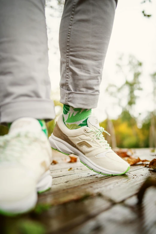 a person standing on top of a wooden platform, inspired by Salomon Koninck, renaissance, acid-green sneakers, wearing white sneakers, green and warm theme, 4 2 0