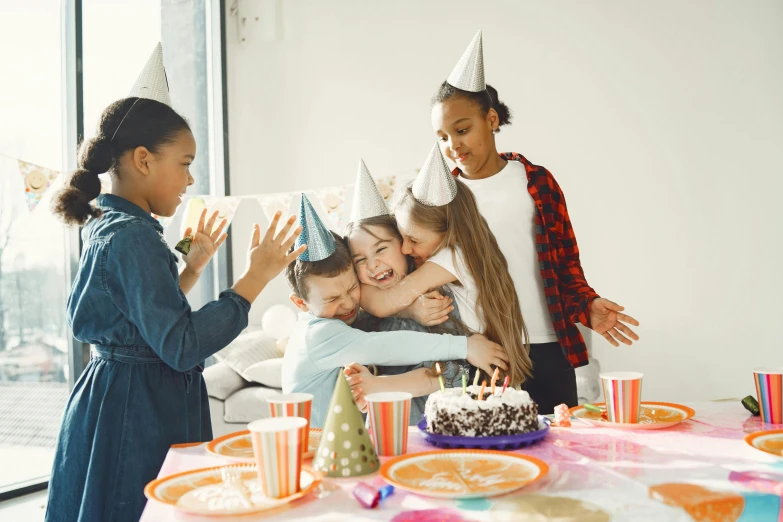 a group of children at a birthday party, pexels contest winner, sweet hugs, avatar image, super high resolution, [ cinematic