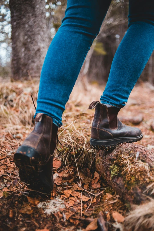 a person standing on a log in the woods, jeans and boots, head to toe, up close, trecking