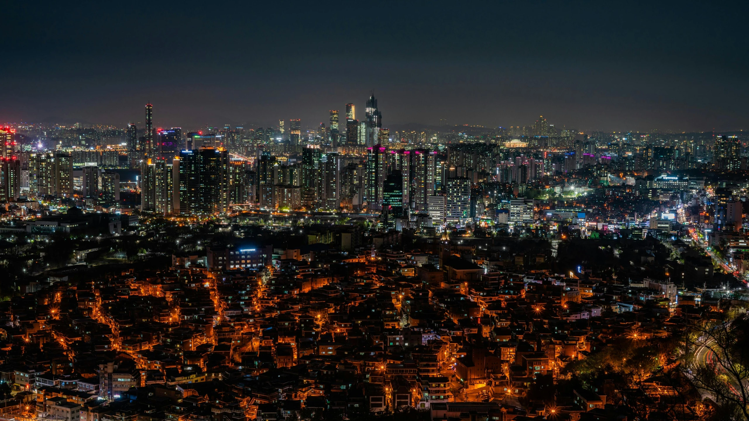 a view of a city at night from the top of a hill, by Jang Seung-eop, pexels contest winner, square, low detail, high quality image, panoramic