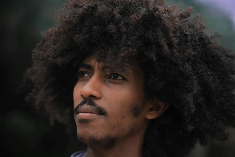 a close up of a person with an afro, by Afewerk Tekle, pexels contest winner, thick mustache, young with long hair, avatar image, portrait of tall