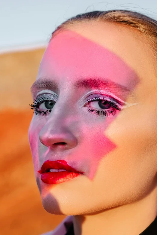 a close up of a person with makeup on, an album cover, inspired by David LaChapelle, aestheticism, portrait of sanna marin, bright ground, joel fletcher, triangle makeup