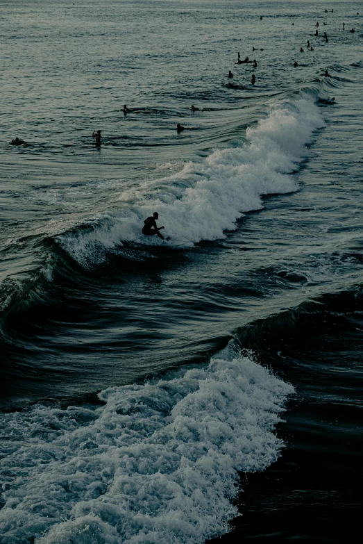 a group of people riding surfboards on top of waves, in the evening, insanly detailed, unsplash 4k, multiple stories