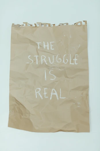 a piece of paper with the words the struggle is real written on it, by karolis strautniekas, photorealistoc, cardboard, il