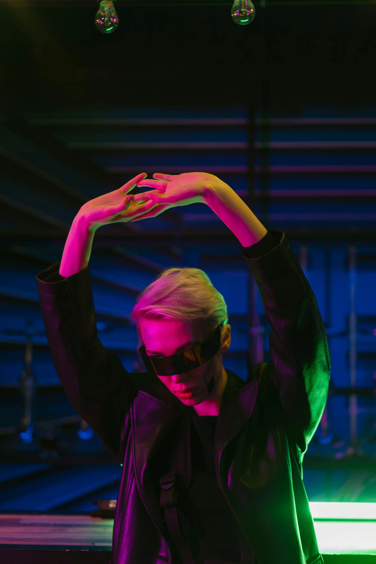 a woman standing in front of a pool table, an album cover, trending on pexels, aestheticism, hero pose colorful city lighting, xqc, holding his hands up to his face, john carmack