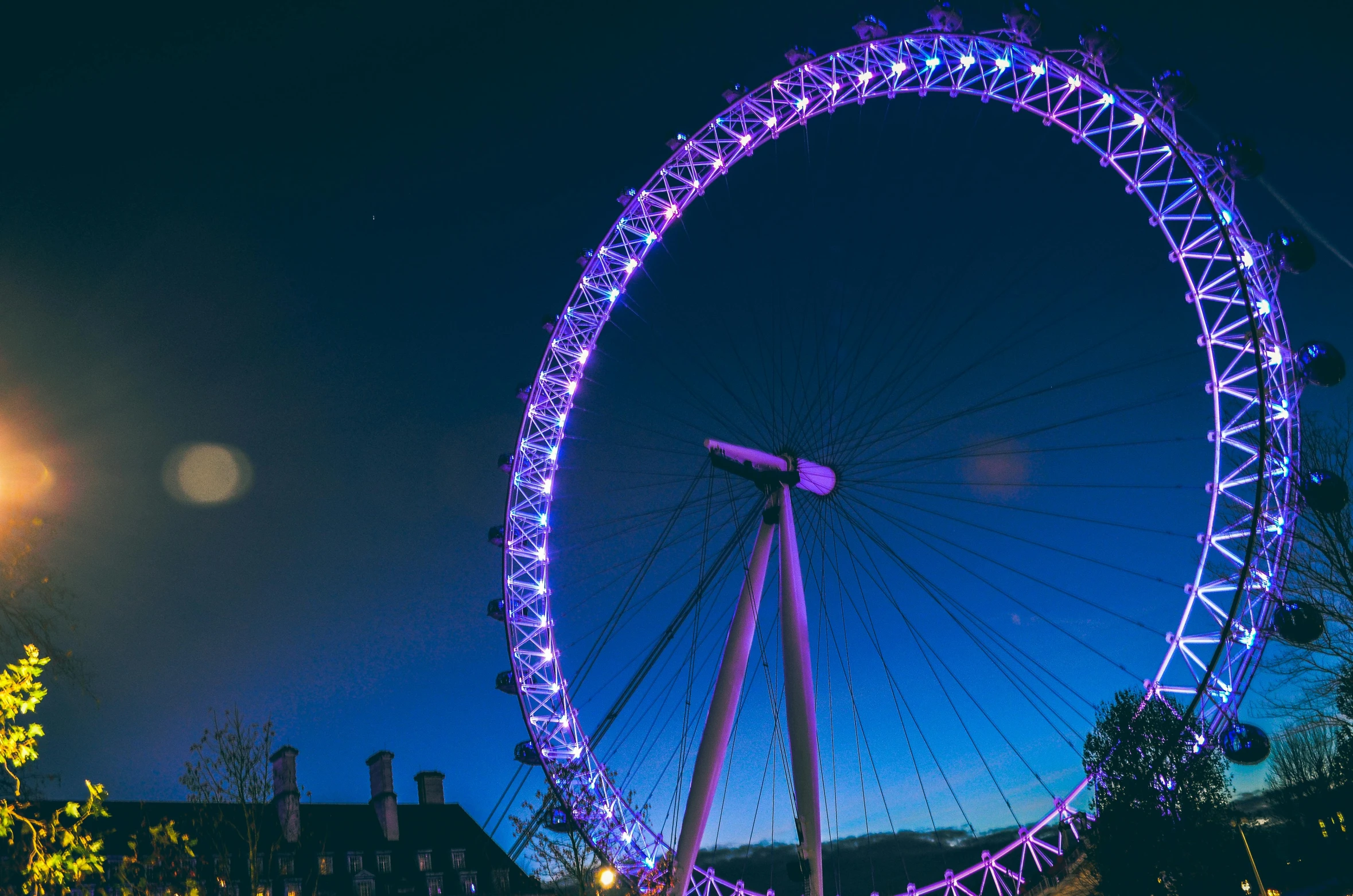 the london eye lit up at night, pexels contest winner, avatar image, purple sky, sky blue, medium-shot