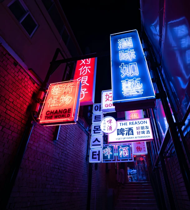 a group of neon signs hanging from the side of a building, unsplash contest winner, in a narrow chinese alley, an escape room in a small, red and blue black light, old signs