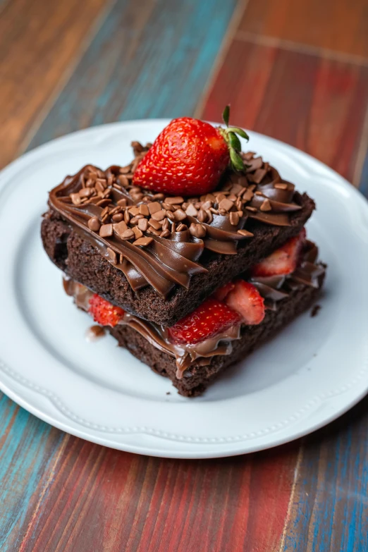 a piece of chocolate cake with strawberries on a plate, unsplash, square, high quality photo, chile, mix